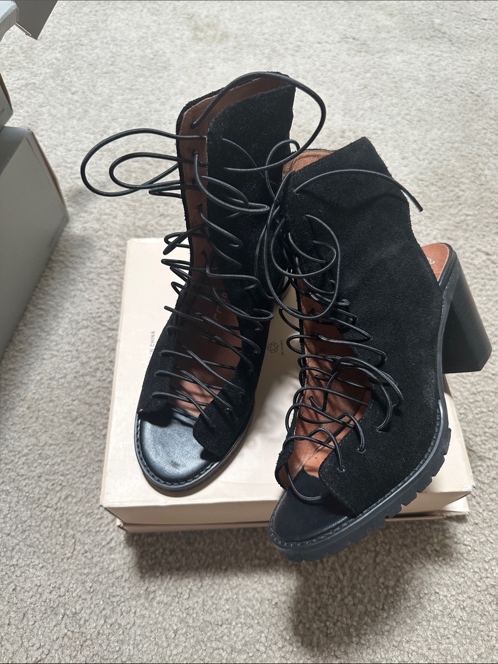 Jeffrey Campbell Black Suede Lace-Up Open-Toe Block Heels never worn